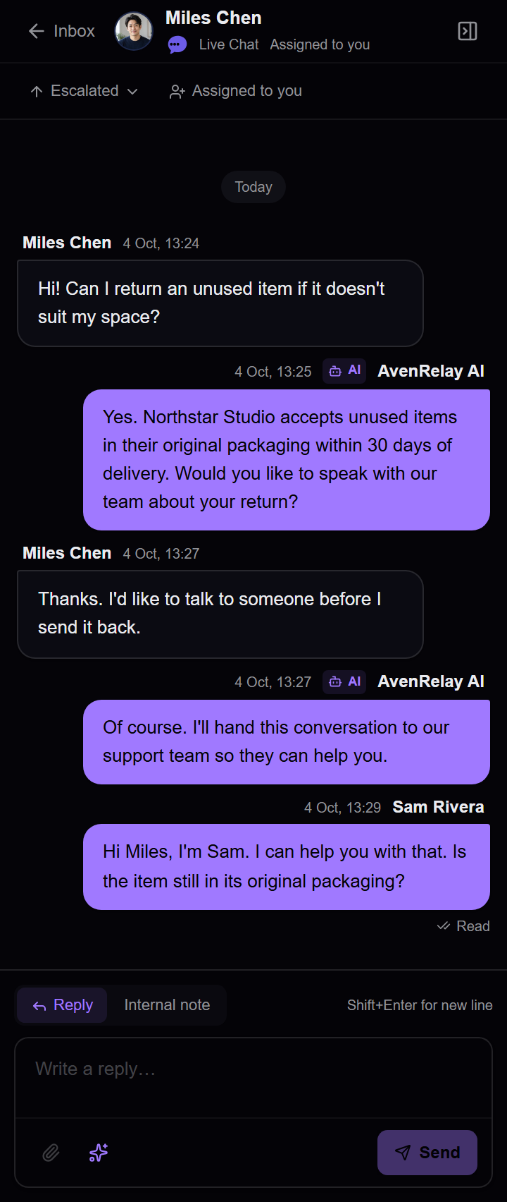 A closer view of the same conversation: Miles asks about a return, AI hands over and Sam replies.