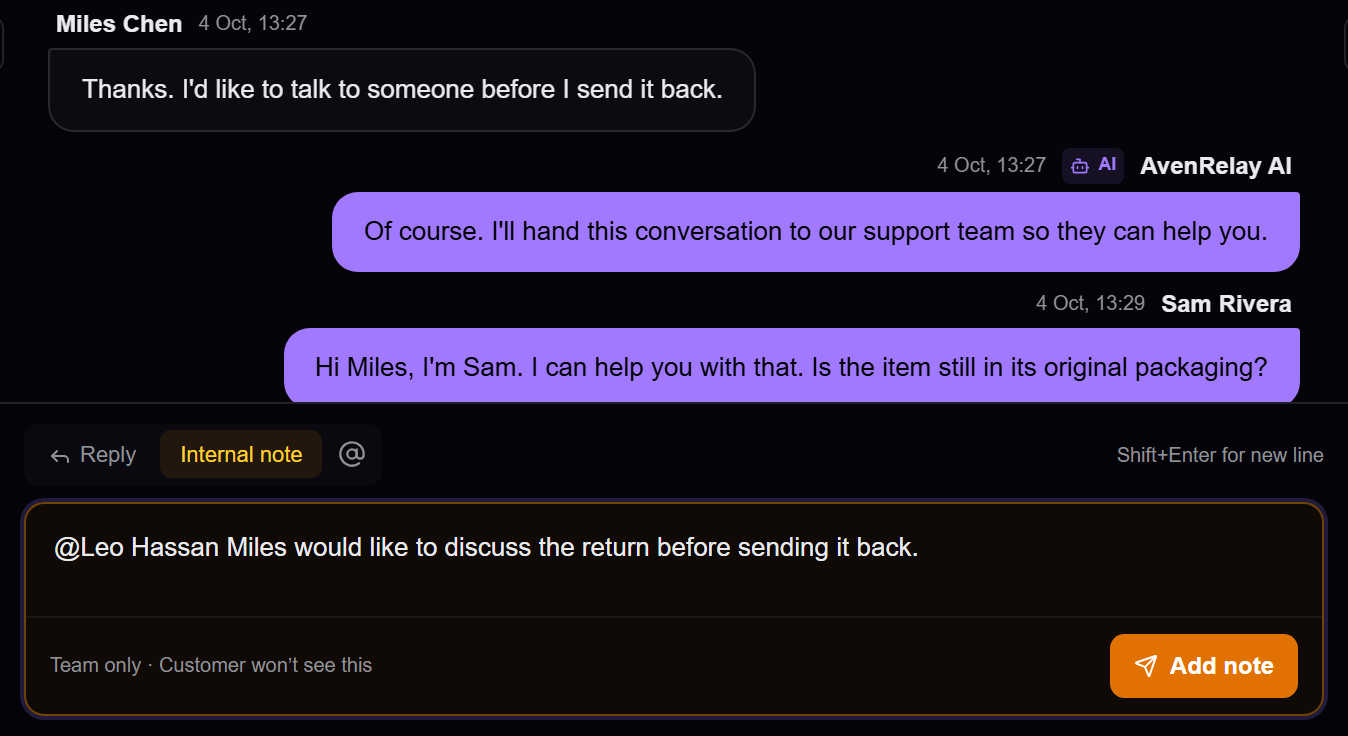 Sam prepares a private note for Leo with Miles’s return request and the existing replies in view.