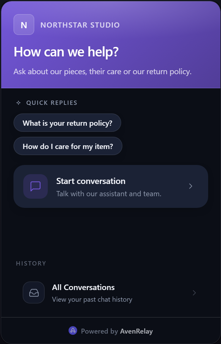 The customer-facing website widget with a welcome message, support questions and the option to start a conversation.